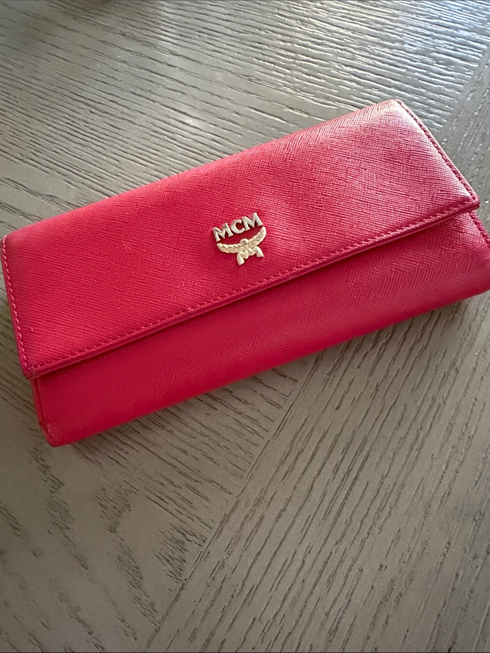 MCM Hot Pink Leather Continental Wallet with Gold Logo